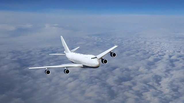 飞机在云层上飞行，商用飞机在飞行，正面视图视频下载