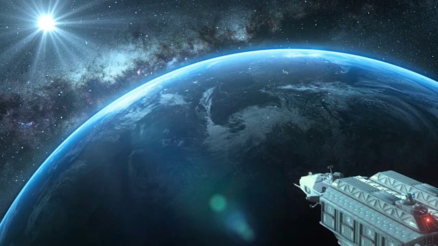 绕着远处有一颗明亮恒星的行星运行的太空飞船视频下载
