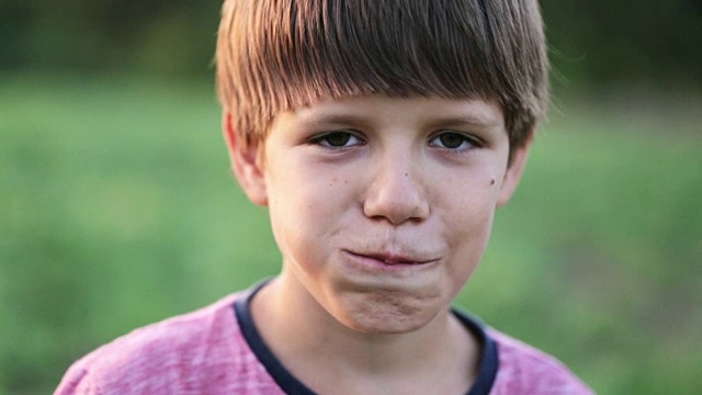 男孩站在有机农场的田地里，一边看着相机一边吃着黄瓜视频下载