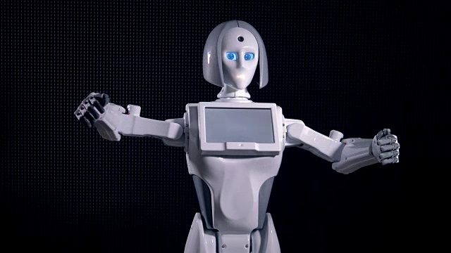 一个白色机器人的快速手势和说话。视频下载