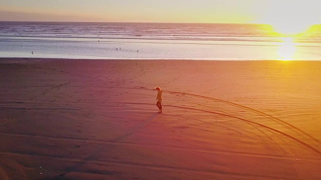 无人驾驶飞机在华盛顿海岸偏远的海滩拍摄孤独的女人视频素材