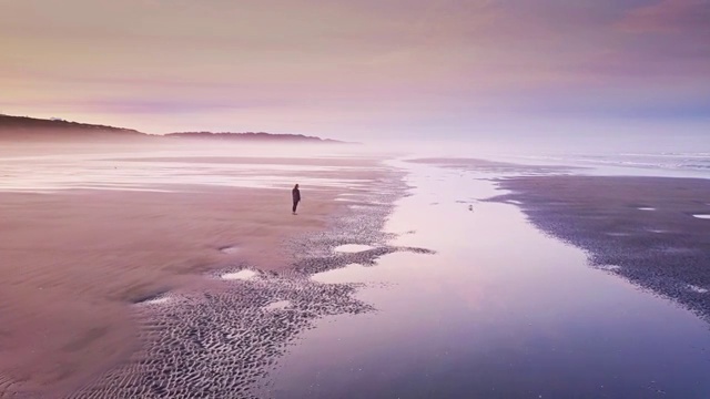 航拍孤獨的女人在華盛頓海岸偏遠的海灘視頻下載