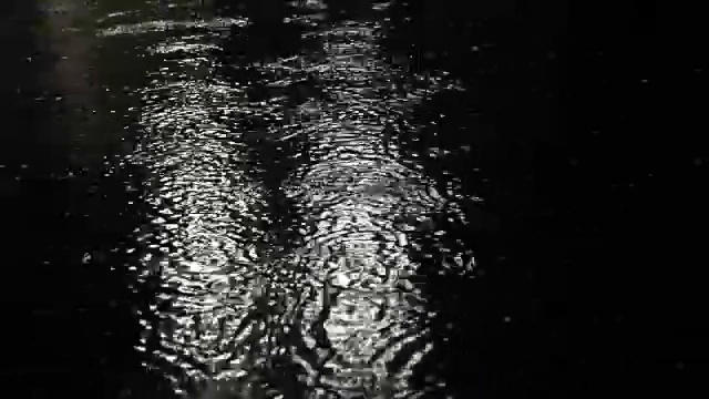 特写镜头雨在水面与反射在黑暗的夜晚，循环背景视频素材