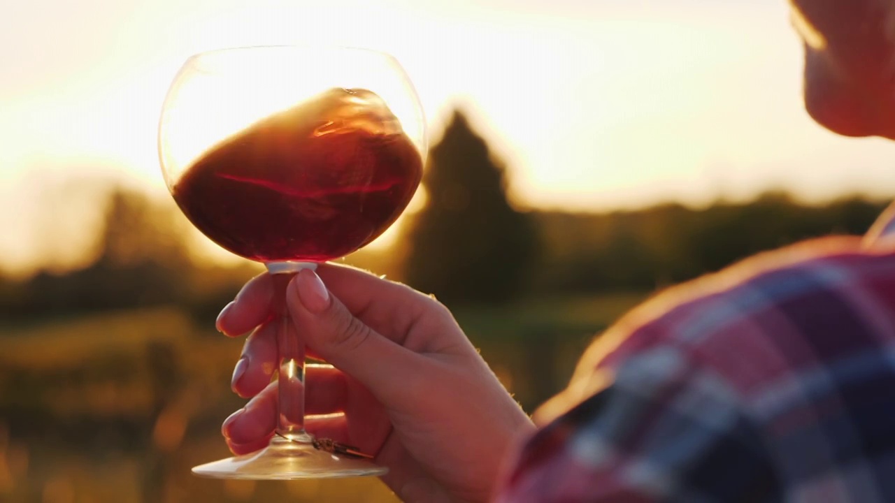 阳光照射在一杯红酒里。那只手拿着一只以葡萄园和夕阳为背景的玻璃杯视频下载