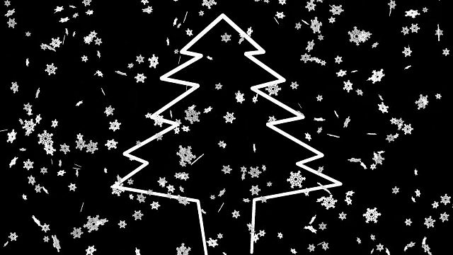 云杉轮廓与雪花在白色上的黑色视频下载