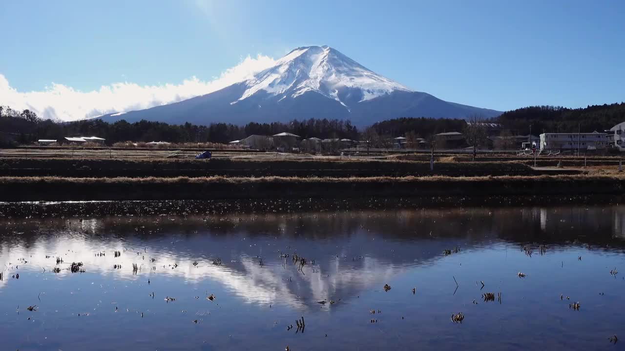 富士山倒映在空空的稻田里视频购买