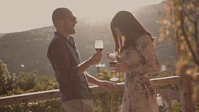 夫妇在地中海乡村别墅阳台上喝红酒视频下载