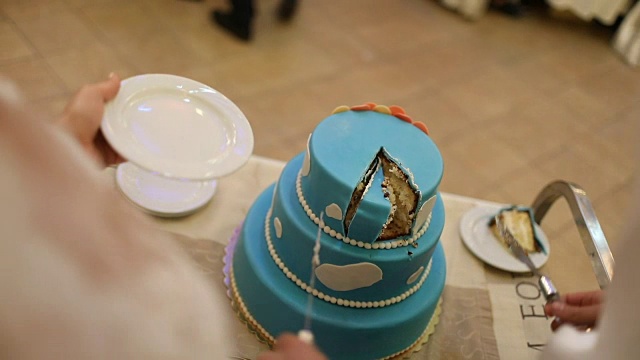 一位新娘和一位新郎正在切他们的结婚蛋糕视频下载