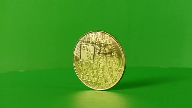 全球虚拟互联网加密货币和数字支付系统，金币在绿色上旋转，视频下载