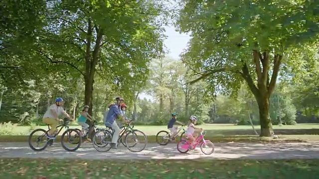 孩子们骑着自行车穿过公园，他们的父母和祖父母视频下载