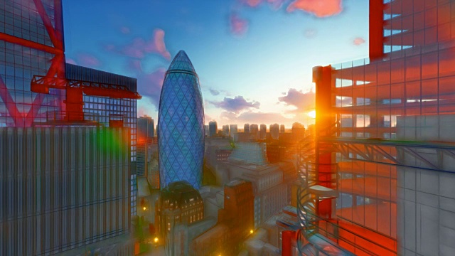 伦敦美丽的日落小黄瓜，卡通风格，瑞士再保险总部，无人机飞行4K视频下载