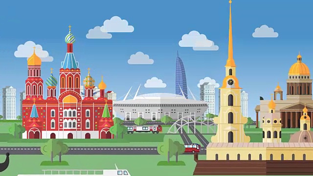 圣彼得堡风光。彼得和保罗要塞，吻柱，圣以撒大教堂。4 k的动画视频下载