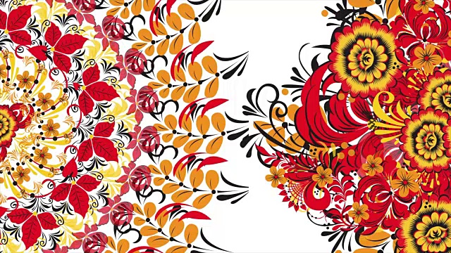Khokhloma。抽象分形变换背景。Loopable。在白色的背景上画着俄罗斯的红色花朵和浆果。红色多边形的抽象背景视频素材