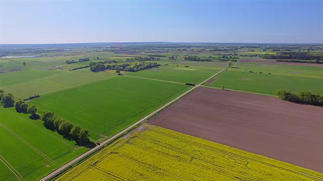 耕地和油菜籽田附近的鸟瞰图在地区Lüchow-Dannenberg在下萨克森州-德国视频素材