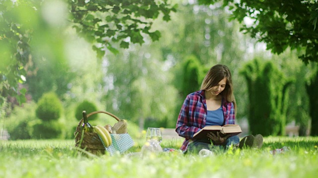 在大自然中阅读野餐书籍的女人视频素材