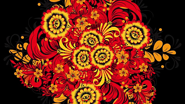 陶器画的khokhroma俄罗斯明亮的红色花朵和浆果在黑色的背景。黑色背景上的红色科赫罗玛视频素材