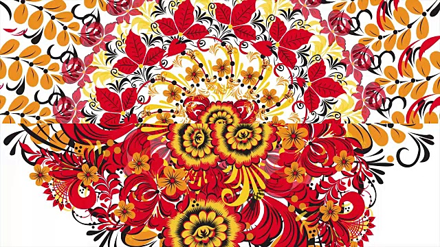 在白色的背景上画着俄罗斯的红色花朵和浆果。抽象分形变换背景。白色背景上的红色科赫罗玛视频下载