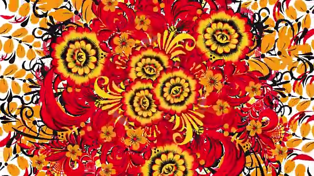在白色的背景上画着俄罗斯的红色花朵和浆果。抽象分形变换背景。白色背景上的红色科赫罗玛视频素材