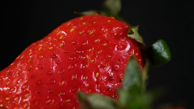 在黑暗的背景下，一个人拿着一个草莓，特写视频下载
