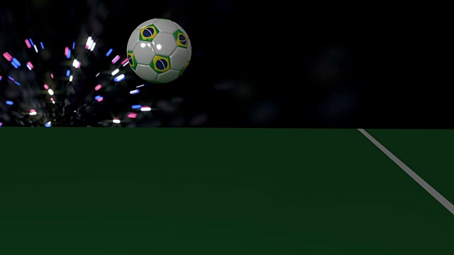 一个带有巴西国旗的足球在足球场的白线上滚动，3D渲染，视频视频下载