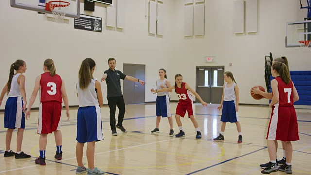 一个年轻人正在执教女子篮球队视频素材