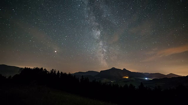 星星与银河在夜空中越过山脉时间流逝视频素材