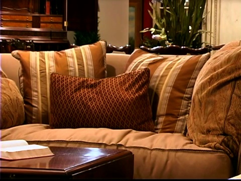 一对夫妇坐在沙发上的特写，而购买客厅家具。视频素材