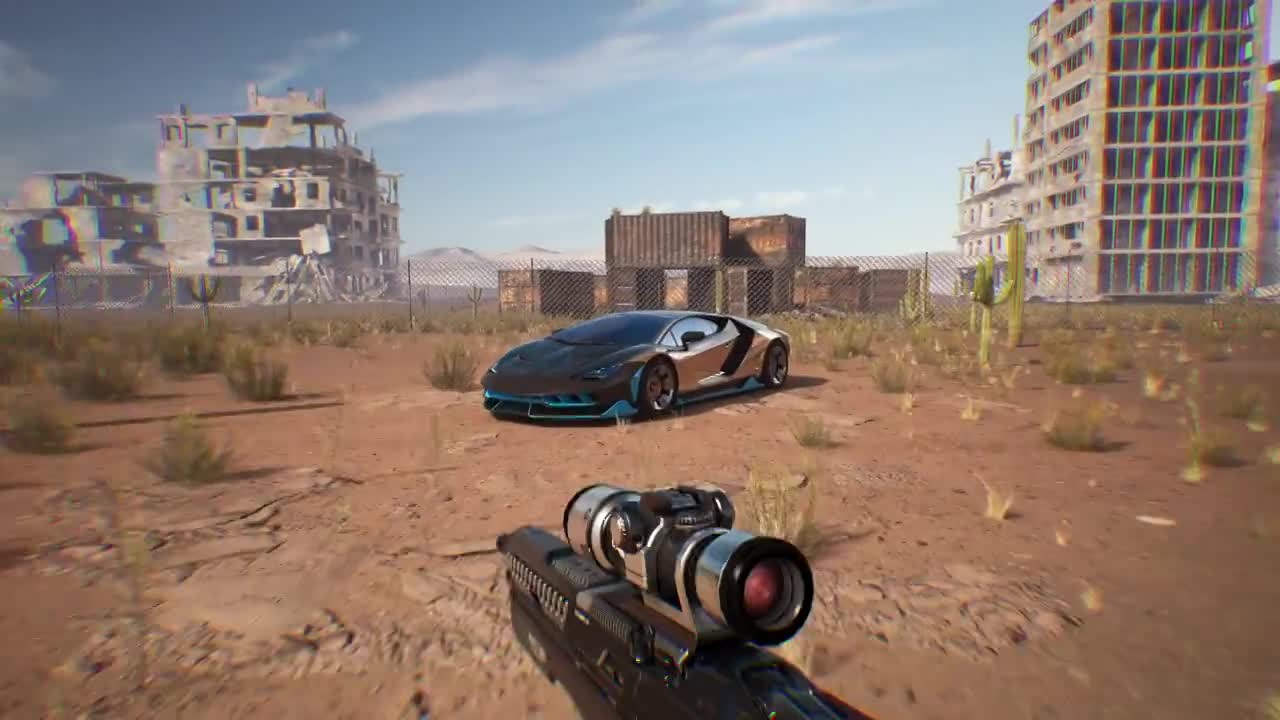 4K假射击和赛车游戏。白天穿过沙漠到达城市视频购买