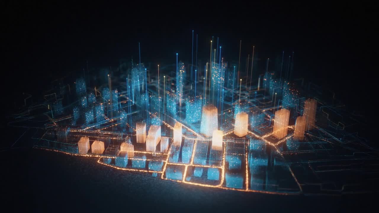 新兴数字城市-全息图，智慧城市，虚拟世界，虚拟现实-多色版本视频下载