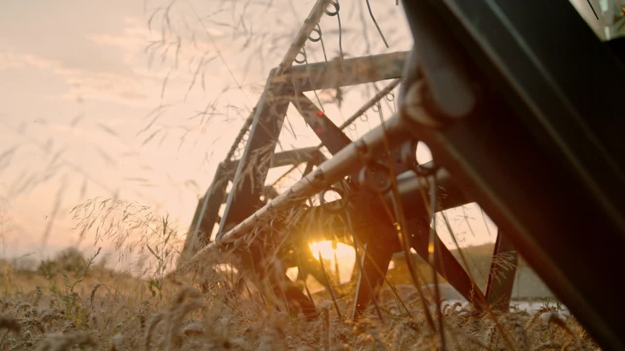 SLO MO联合收割机在日落时分收割小麦视频素材