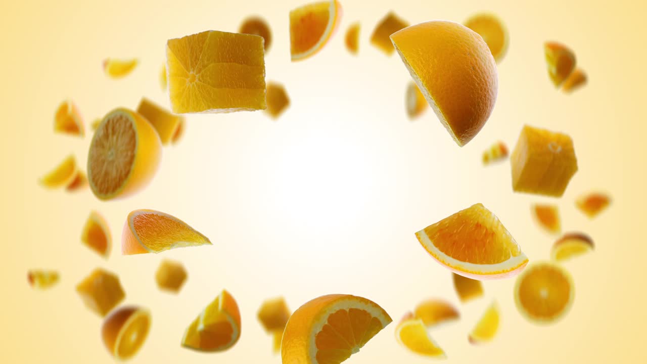 飞行橙色水果片旋转在阿尔法通道的慢动作视频素材