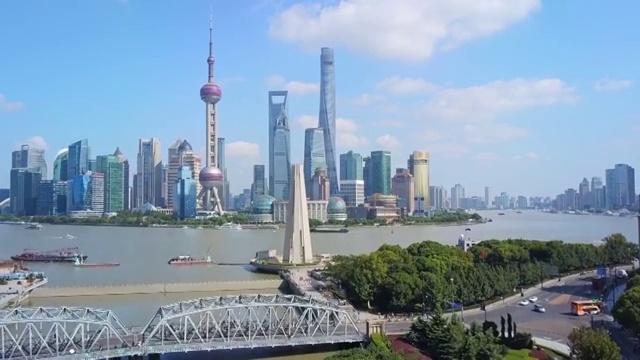 晴朗天气下的上海浦东陆家嘴4K航拍延时摄影视频素材