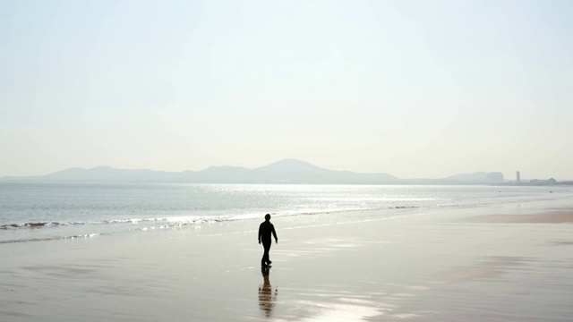 航拍一个人在海边行走4k视频视频素材