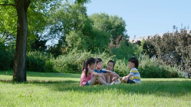 快乐的儿童在草地上读书视频素材