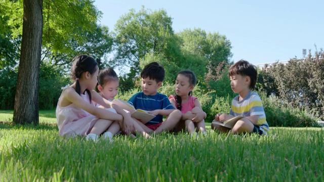 快乐的儿童在草地上读书视频素材