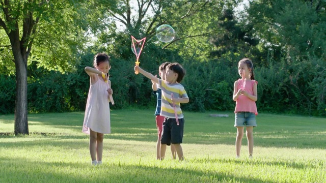 快乐儿童在草坪上吹泡泡视频素材