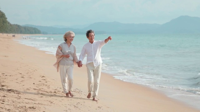 快乐老年夫妇在沙滩散步视频购买