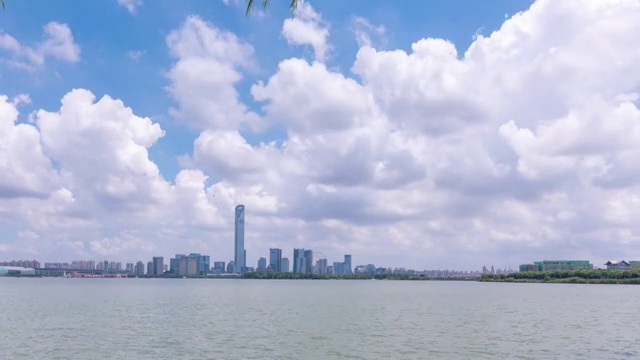 蓝天白云下的苏州金鸡湖景区，湖东国金大厦方向视频素材