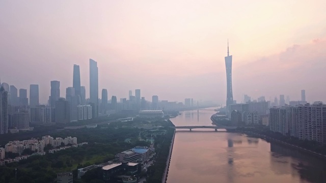 航拍视角下的广州珠江新城日出4K高清视频视频素材