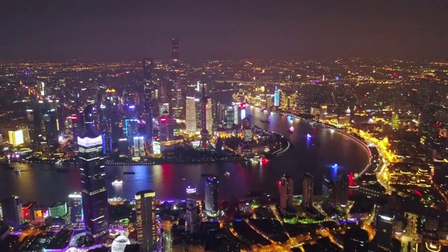 航拍视角下的上海陆家嘴外滩夜景4K高清视频视频素材