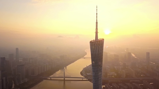 航拍视角下的广州市广州塔猎德大桥城镇化建设日出4K高清视频视频素材