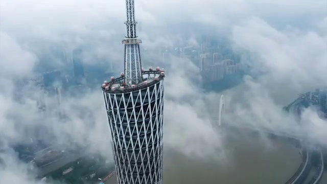 1080P航拍低云层广州塔东西塔延时视频视频素材