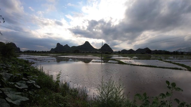 日落的阳光洒在山下的稻田中视频素材
