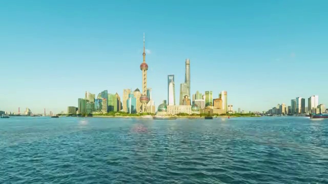 晴朗天气下的上海外滩陆家嘴东方明珠塔日落4K高清延时摄影视频视频素材