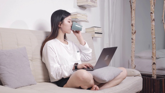 坐在沙发上的美女，边用电脑边喝咖啡视频素材