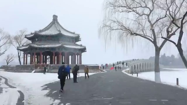 北京雪后颐和园昆明湖沿岸移动延时拍摄视频素材