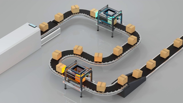 传送带上接受检测的包装箱 3D渲染视频购买