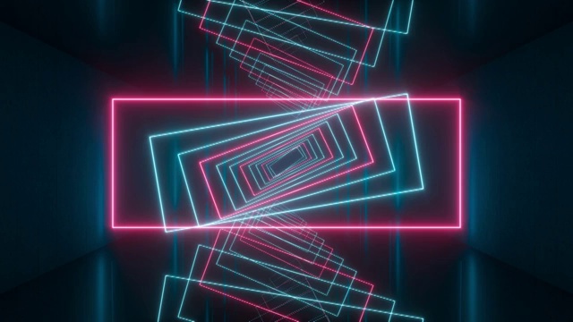 黑暗隧道内旋转的霓虹方框 3D渲染视频素材