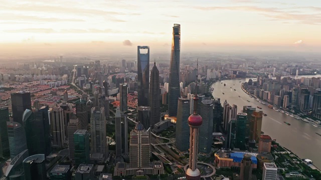 航拍视角下的上海陆家嘴北外滩日出4K高清视频视频素材