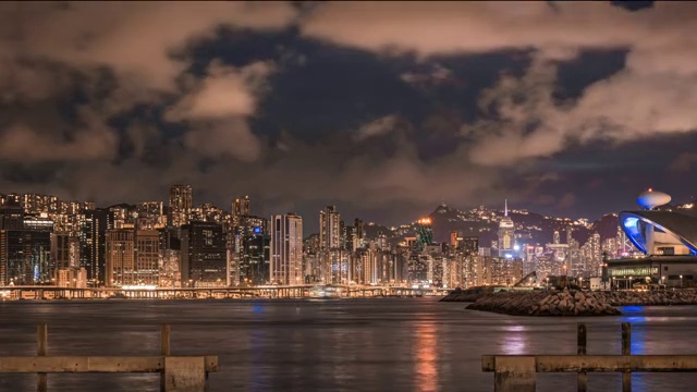 日转夜延时，维多利亚港，中国香港，中环，金钟，湾仔，高楼大厦前景视频素材